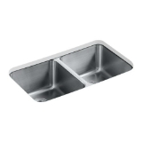 Kohler® 3171-HCF-NA Undertone® Kitchen Sink, Rectangular Shape, 14 in Left, 14 in Right L x 15-3/4 in Left, 15-3/4 in Right W x 9-1/2 in Left, 9-1/2 in Right D Bowl, 31-1/2 in L x 18 in W x 9-3/4 in H, Undermount, Stainless Steel
