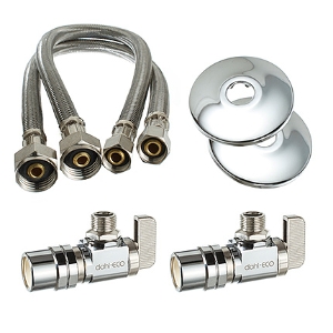 dahl 20" Faucet/Lav Supply Kit
Two each 1/2" Female CPVC x 3/8" Plated Angle Stops,
20" 1/2" IPS Braided Risers, 5/8" OD Escutcheons