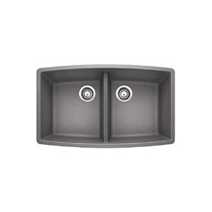 Blanco 440072 PERFORMA™ SILGRANIT® II Equal Double Bowl Composite Sink, Metallic Gray, Rectangle Shape, 15 in Left, 15 in Right L x 18 in Left, 18 in Right W x 10 in Left, 10 in Right D Bowl, 33 in L x 20 in W, Under Mount, Granite