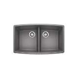 Blanco 440072 PERFORMA™ SILGRANIT® II Equal Double Bowl Composite Sink, Metallic Gray, Rectangle Shape, 15 in Left, 15 in Right L x 18 in Left, 18 in Right W x 10 in Left, 10 in Right D Bowl, 33 in L x 20 in W, Under Mount, Granite