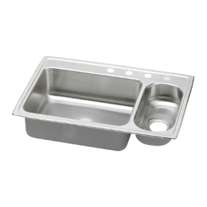 Elkay® PSMR3322R1 Pacemaker Kitchen Sink, Brilliant Satin, Rectangle Shape, 21 in Left, 7-1/2 in Right L x 15-3/4 in Left, 15-3/4 in Right W x 7-1/8 in Left, 5 in Right D Bowl, 1 Faucet Hole, 33 in L x 22 in W x 7-1/4 in H, Top Mount, Stainless Steel