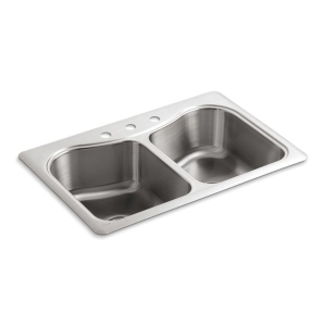 Kohler® 3369-3-NA Staccato™ Kitchen Sink, Rectangular Shape, 17-1/16 in Left, 17-1/16 in Right L x 13-15/16 in Left, 13-15/16 in Right W x 8 in D Bowl, 3 Faucet Holes, 33 in L x 22 in W x 8-5/16 in H, Top Mount, Stainless Steel