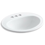 Kohler® 2196-4-0 Pennington® Self-Rimming Bathroom Sink with Overflow Drain, Oval Shape, 4 in Faucet Hole Spacing, 20-1/4 in W x 17-1/2 in D x 8-1/2 in H, Drop-In Mount, Vitreous China, White