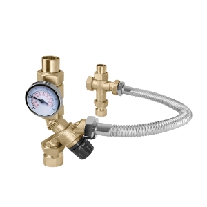 Caleffi TankMixer™ 520510AX Mixing Valve with 18 in Flex Hose, 3/4 in FNPT x MNPT, Brass