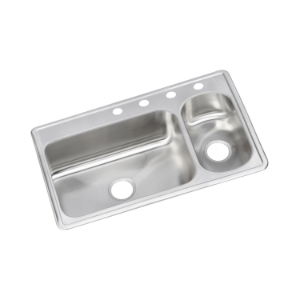 Elkay® DSEMR23322R3 Dayton® Kitchen Sink, Elite Satin, Rectangle Shape, 21 in Left, 7-1/2 in Right L x 15-3/4 in Left, 15-3/4 in Right W x 8 in Left, 5 in Right D Bowl, 3 Faucet Holes, 33 in L x 22 in W x 8-1/8 in H, Top Mount, Stainless Steel