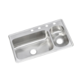 Elkay® DSEMR23322R3 Dayton® Kitchen Sink, Elite Satin, Rectangle Shape, 21 in Left, 7-1/2 in Right L x 15-3/4 in Left, 15-3/4 in Right W x 8 in Left, 5 in Right D Bowl, 3 Faucet Holes, 33 in L x 22 in W x 8-1/8 in H, Top Mount, Stainless Steel