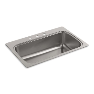 Kohler® 20060-3-NA Verse™ Kitchen Sink, Rectangular Shape, 29-7/16 in L x 15-11/16 in W x 9 in D Bowl, 3 Faucet Holes, 33 in L x 22 in W x 9-5/16 in H, Top Mount, Stainless Steel