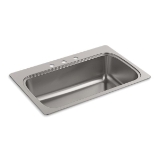 Kohler® 20060-3-NA Verse™ Kitchen Sink, Rectangular Shape, 29-7/16 in L x 15-11/16 in W x 9 in D Bowl, 3 Faucet Holes, 33 in L x 22 in W x 9-5/16 in H, Top Mount, Stainless Steel