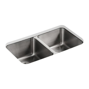 Kohler® 3171-NA Undertone® Kitchen Sink, Rectangular Shape, 14 in Left, 14 in Right L x 15-3/4 in Left, 15-3/4 in Right W x 9-1/2 in Left, 9-1/2 in Right D Bowl, 31-1/2 in L x 18 in W x 9-3/4 in H, Undermount, Stainless Steel