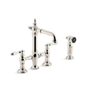 Kohler® 76520-4-SN Artifacts® Three-Hole Bridge Bar Sink Faucet With Side Sprayer, Vibrant Polished Nickel