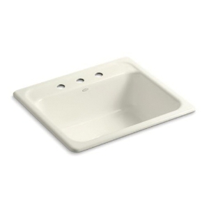 Kohler® 5964-3-96 Mayfield™ Kitchen Sink, Biscuit, Rectangular Shape, 22 in L x 15 in W x 7-3/4 in D Bowl, 3 Faucet Holes, 25 in L x 22 in W x 8-3/4 in H, Top Mount, Enameled Cast Iron