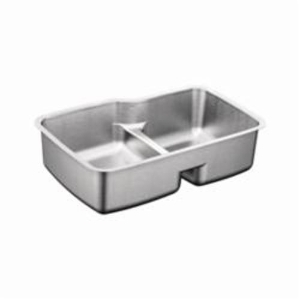 Moen® G18253 1800 Kitchen Sink, Stainless Steel, Rectangle Shape, 15-5/8 in Left, 12-7/8 in Right L x 18-5/8 in Left, 16-1/2 in Right W x 9 in Left, 9 in Right D Bowl, 20.5 in W x 11.81 in D x 32 in H, Under Mount, Stainless Steel