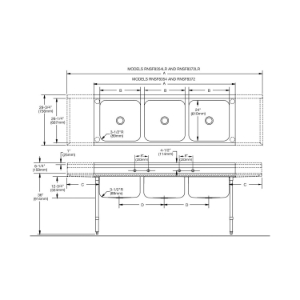 Elkay® RNSF8354LR4 Scullery Sink, 97-1/2 in L x 29-3/4 in W x 44 in H, Floor Mount, 16 ga 304 Stainless Steel, 3 Bowls, 2, Right/Left Drainboards, 8 in Backsplash