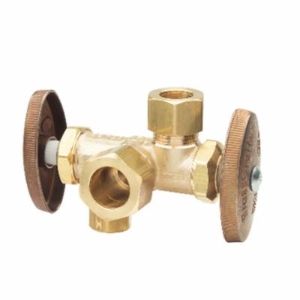 BrassCraft® CR1903DVX R Multi-Turn Dual Outlet/Dual-Shut-Off Angle Stop, 1/2 x 3/8 x 1/2 in Nominal, Compression, 125 psi, Brass Body, Rough Brass
