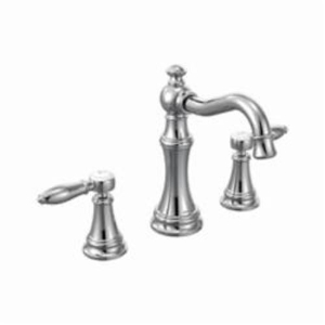 Moen® TS42108 Weymouth™ Widespread Bathroom Faucet with Metal Pop-Up Waste Assembly, 1.2 to 1.5 gpm Flow Rate, 5-1/4 in H Spout, 8 to 16 in Center, Chrome, 2 Handles, Pop-Up Drain