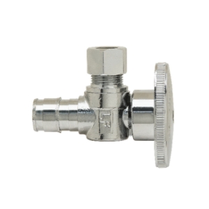 PlumbShop® RELIABLE VALUE™ PLB107X P Angle Style Quarter-Turn Supply Ball Stop, 1/2 x 3/8 in Nominal, Cold Expansion PEX Barb x OD Compression, 125 psi, Brass Body, Polished Chrome