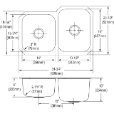 Elkay® DCFU312010L Kitchen Sink, Dayton®, Soft Satin, 14 in Left, 13-1/2 in Right L x 15-3/4 in Left, 18 in Right W x 8 in Left, 10 in Right D Bowl, 31-3/4 in L x 20-1/2 in W x 10 in H, Under Mount, 18 ga 304 Stainless Steel