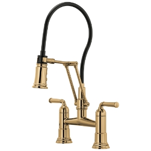 Brizo® 62274LF-PG Rook® Articulating Bridge Faucet, Commercial, 1.8 gpm Flow Rate, 8 in Center, 360 deg Swivel Spout, Polished Gold, 2 Handles