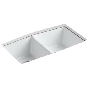 Kohler® 5846-5U-0 Brookfield™ Kitchen Sink, White, Rectangular Shape, 14-3/16 in Left, 14-3/16 in Right L x 16-1/16 in Left, 16-1/16 in Right W x 9 in Left, 9 in Right D Bowl, 5 Faucet Holes, 33 in L x 22 in W x 9-5/8 in H, Undermount, Enameled Cast Iron