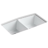 Kohler® 5846-5U-0 Brookfield™ Kitchen Sink, White, Rectangular Shape, 14-3/16 in Left, 14-3/16 in Right L x 16-1/16 in Left, 16-1/16 in Right W x 9 in Left, 9 in Right D Bowl, 5 Faucet Holes, 33 in L x 22 in W x 9-5/8 in H, Undermount, Enameled Cast Iron