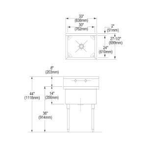 Elkay® SS81300 Scullery Sink, 33 in L x 27-1/2 in W x 44 in H, Floor Mount, 304 Stainless Steel, 1 Bowl, 8 in Backsplash
