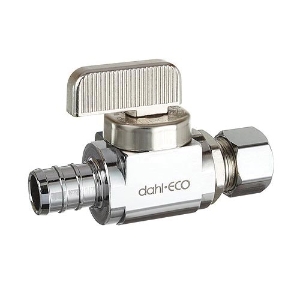 dahl 511-PX3-31-BAG dahal-Eco™ mini-ball™ Straight Supply Stop, 1/2 x 3/8 in Nominal, PEX Crimp x Compression End Style, 250 psi Pressure, Brass Body, Polished Chrome