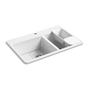 Kohler® 8669-1A2-0 Riverby® Kitchen Sink with Accessories, White, Rectangular Shape, 17-9/16 in Left, 11-1/16 in Right L x 17-1/4 in Left, 17-1/4 in Right W x 9 in Left, 9 in Right D Bowl, 1 Faucet Hole, 33 in L x 22 in W x 9-5/8 in H, Top Mount