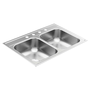Moen® GS182154Q 1800 Sink, Satin Stainless, 14 in L x 15-3/4 in W x 7 in D Bowl, 4 Faucet Holes, 33 in L x 22 in W, Drop-In Mount, 18 ga Stainless Steel