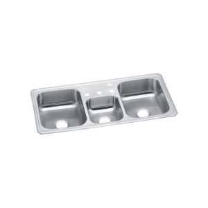 Elkay® CMR43224 Celebrity® Kitchen Sink, Brushed Satin, Rectangle Shape, 13-1/2 in Left, 10 in Center, 13-1/2 in Right L x 18 in Left, 12 in Center, 18 in Right W x 6-7/8 in Left, 5 in Center, 6-7/8 in Right D Bowl, 4 Faucet Holes, Top Mount