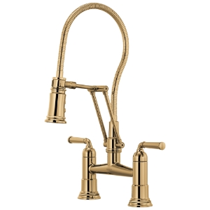 Brizo® 62174LF-PG Rook® Articulating Bridge Faucet With Finished Hose, Commercial, 1.8 gpm Flow Rate, 8 in Center, 360 deg Swivel Spout, Polished Gold, 2 Handles