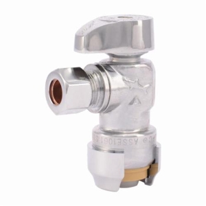 1/4 Turn Angle Stop Valve, 1/2 x 3/8 in Nominal, Push-Fit x Compression End Style, 200 psi Pressure, Brass Body, Polished Chrome, Import redirect to product page