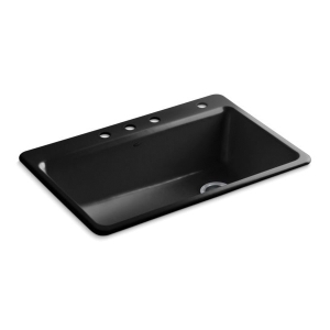Kohler® 5871-4A2-7 Riverby® Kitchen Sink with Accessories, Black, Rectangular Shape, 30-1/4 in L x 15-13/16 in W x 9 in D Bowl, 3 Faucet Holes, 33 in L x 22 in W x 9-5/8 in H, Top Mount, Enameled Cast Iron