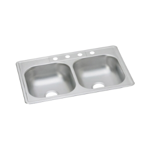 Elkay® D233225 Dayton® Kitchen Sink, Satin, Rectangle Shape, 14 in Left, 14 in Right L x 15-3/4 in Left, 15-3/4 in Right W x 6-3/8 in Left, 6-3/8 in Right D Bowl, 5 Faucet Holes, 33 in L x 22 in W x 6-9/16 in H, Top Mount, Stainless Steel