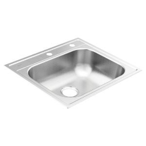 Moen® GS201962BQ 2000 Sink, Brushed Satin Stainless, 21 in L x 15-3/4 in W x 7 in D Bowl, 2 Faucet Holes, 25 in L x 22 in W, Drop-In Mount, 20 ga Stainless Steel