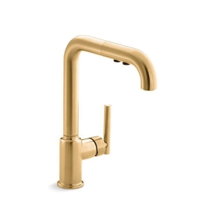 Kohler® 7505-2MB K-7505 Purist® Pull-Out Kitchen Sink Faucet, 1.5 gpm Flow Rate, 360 deg High-Arc Gooseneck Spout, Vibrant® Brushed Moderne Brass, 1 Handle, 1 Faucet Hole