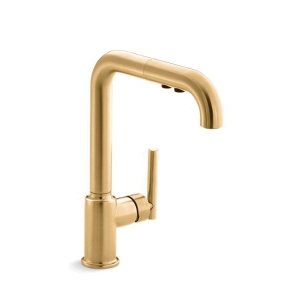 Kohler® 7505-2MB Purist® Pull-Out Kitchen Sink Faucet, 1.5 gpm Flow Rate, 360 deg High-Arc Gooseneck Spout, Vibrant® Brushed Moderne Brass, 1 Handle, 1 Faucet Hole