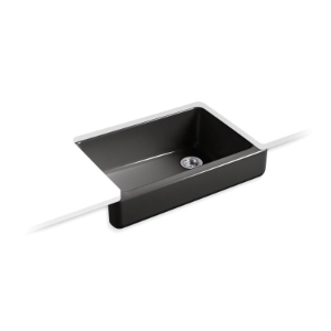 Kohler® 5826-7 Whitehaven® Kitchen Sink with Short Apron, Rectangular Shape, 32-1/2 in W x 21-9/16 in D x 9-5/8 in H, Undermount, Enameled Cast Iron, Black