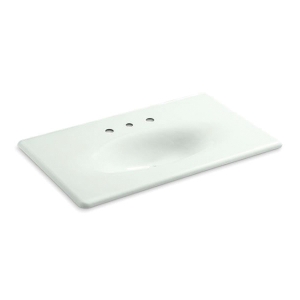 Kohler® 3051-8-FF Iron/Impressions® 1-Piece Bathroom Sink, Elongated Oval Shape, 8 in Faucet Hole Spacing, 37-5/8 in W x 22-1/4 in D x 6-1/2 in H, ITB/Vanity Top Mount, Enameled Cast Iron, Sea Salt™