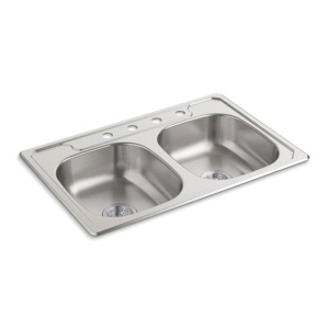 Sterling® 14633-4-NA Kitchen Sink With SilentShield® Technology, Middleton®, Luster, Rectangle Shape, 13-3/4 in Left, 13-3/4 in Right L x 15-1/2 in Left, 15-1/2 in Right W, 4 Faucet Holes, 33 in L x 22 in W x 6 in H, Top Mount, 20 ga Stainless Steel