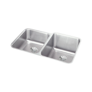 Elkay® ELUH3120LPD Lustertone™ Classic Offset Kitchen Sink, Rectangle Shape, 13-1/2 in Left, 14 in Right L x 16 in Left, 18 in Right W Bowl x 7-7/8 in Left, 9-7/8 in Right D Bowl, 31-1/4 in L x 20-1/2 in W x 9-7/8 in H, Undermounting, Stainless Steel