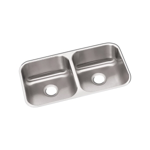 Elkay® DXUH3118 Dayton® Kitchen Sink, Radiant Satin, Rectangle Shape, 14 in Left, 14 in Right L x 15-3/4 in Left, 15-3/4 in Right W x 8 in Left, 8 in Right D Bowl, 31-3/4 in L x 18-1/4 in W x 8 in H, Undermount, 18 ga 304 Stainless Steel