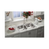 DAYTON® DSE233220 Kitchen Sink, Elite Satin, Rectangle Shape, 14 in Left, 14 in Right L x 15-3/4 in Left, 15-3/4 in Right W Bowl x 7-7/8 in Left, 7-7/8 in Right D Bowl, 33 in L x 22 in W x 8-1/16 in H, Top Mounting, 300 Stainless Steel