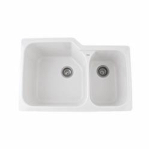 Rohl® 6337-00 Allia Kitchen Sink, White, Rectangle Shape, 18-1/4 in Left, 11-1/8 in Right L x 18-3/4 in Left, 16-1/4 in Right W x 10 in Left, 8 in Right D Bowl, 33 in L x 22 in W x 10-3/4 in H, Under Mount, Fireclay
