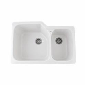 Rohl® 6337-00 Allia Kitchen Sink, White, Rectangle Shape, 18-1/4 in Left, 11-1/8 in Right L x 18-3/4 in Left, 16-1/4 in Right W x 10 in Left, 8 in Right D Bowl, 33 in L x 22 in W x 10-3/4 in H, Undermount, Fireclay