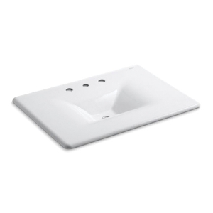 Kohler® 3049-8-0 Iron/Impressions® 1-Piece Bathroom Sink, Sloped Wall Rectangular Shape, 8 in Faucet Hole Spacing, 31-5/8 in W x 22-1/4 in D x 5-15/16 in H, ITB/Vanity Top Mount, Enameled Cast Iron, White