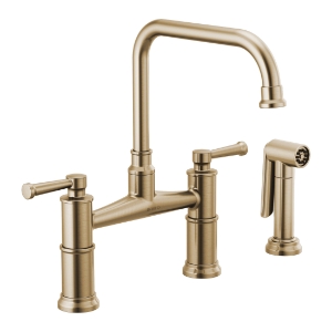 Brizo® 62525LF-GL Artesso® Bridge Kitchen Faucet With Side Spray, 1.8 gpm Flow Rate, 8 in Center, 360 deg Swivel Spout, Luxe Gold, 2 Handles