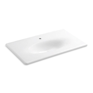 Kohler® 3051-1-0 Iron/Impressions® 1-Piece Bathroom Sink, Elongated Oval Shape, 37-5/8 in W x 22-1/4 in D x 6-1/2 in H, ITB/Vanity Top Mount, Enameled Cast Iron, White