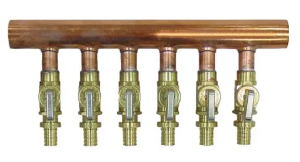 Uponor LF2500600 Manifold With Ball Valve, 1 in Inlets x (6) 1/2 in Outlets, Brass