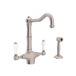 Rohl® A1679LPWSSTN-2 Acqui Traditional Kitchen Faucet, 1.5 gpm Flow Rate, Column Spout, Satin Nickel, 2 Handles