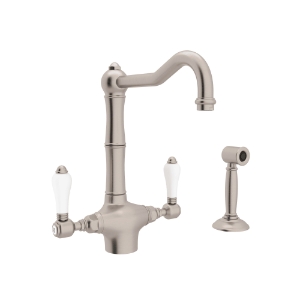 Rohl® A1679LPWSSTN-2 Acqui® Traditional Kitchen Faucet, 1.5 gpm Flow Rate, Column Spout, Satin Nickel, 2 Handles